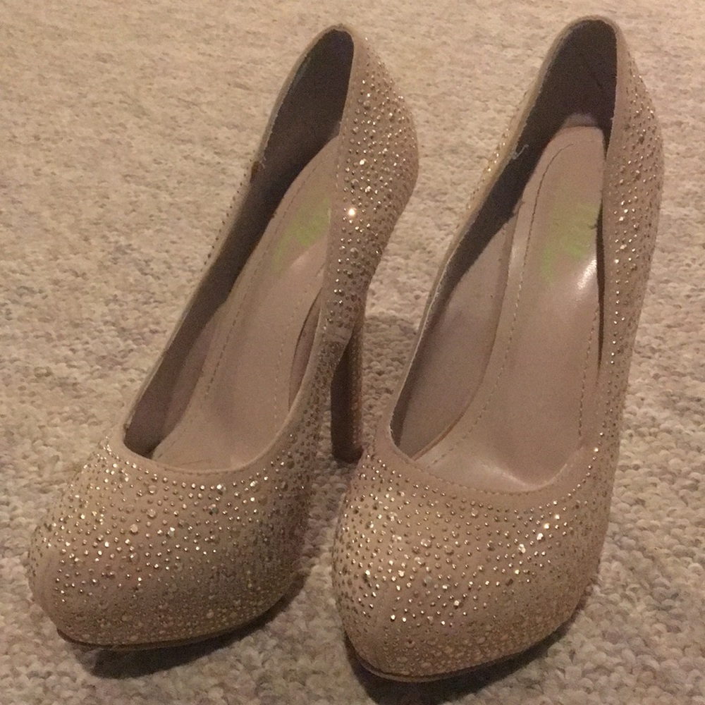 Shoedazzle - Nude pumps with gold rhinestones